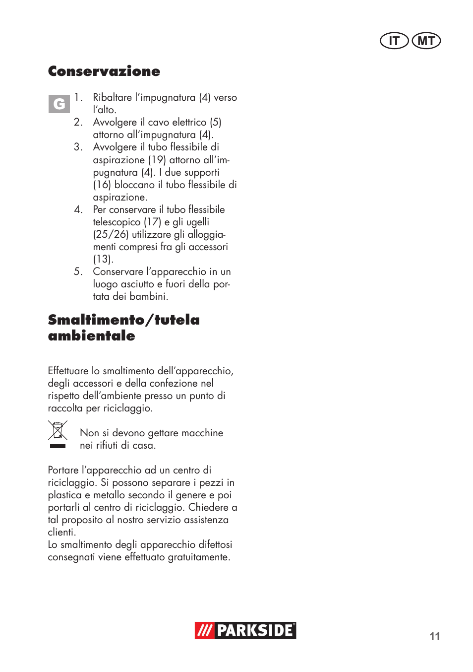 Conservazione, Smaltimento/tutela ambientale | Parkside PNTS 1400 D1 User Manual | Page 11 / 56