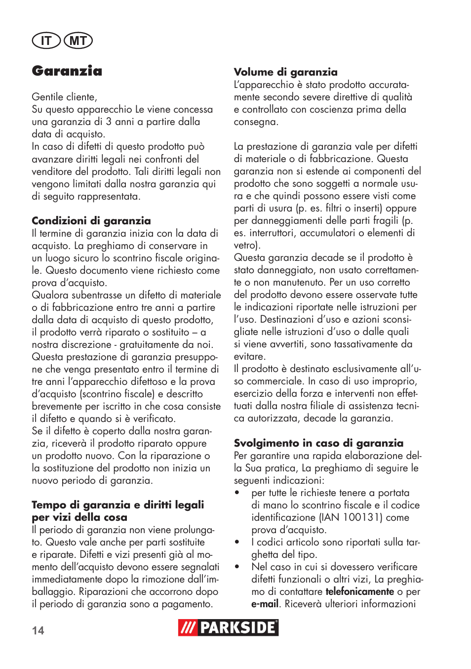 Garanzia, It mt | Parkside PNTS 1400 D1 User Manual | Page 14 / 56