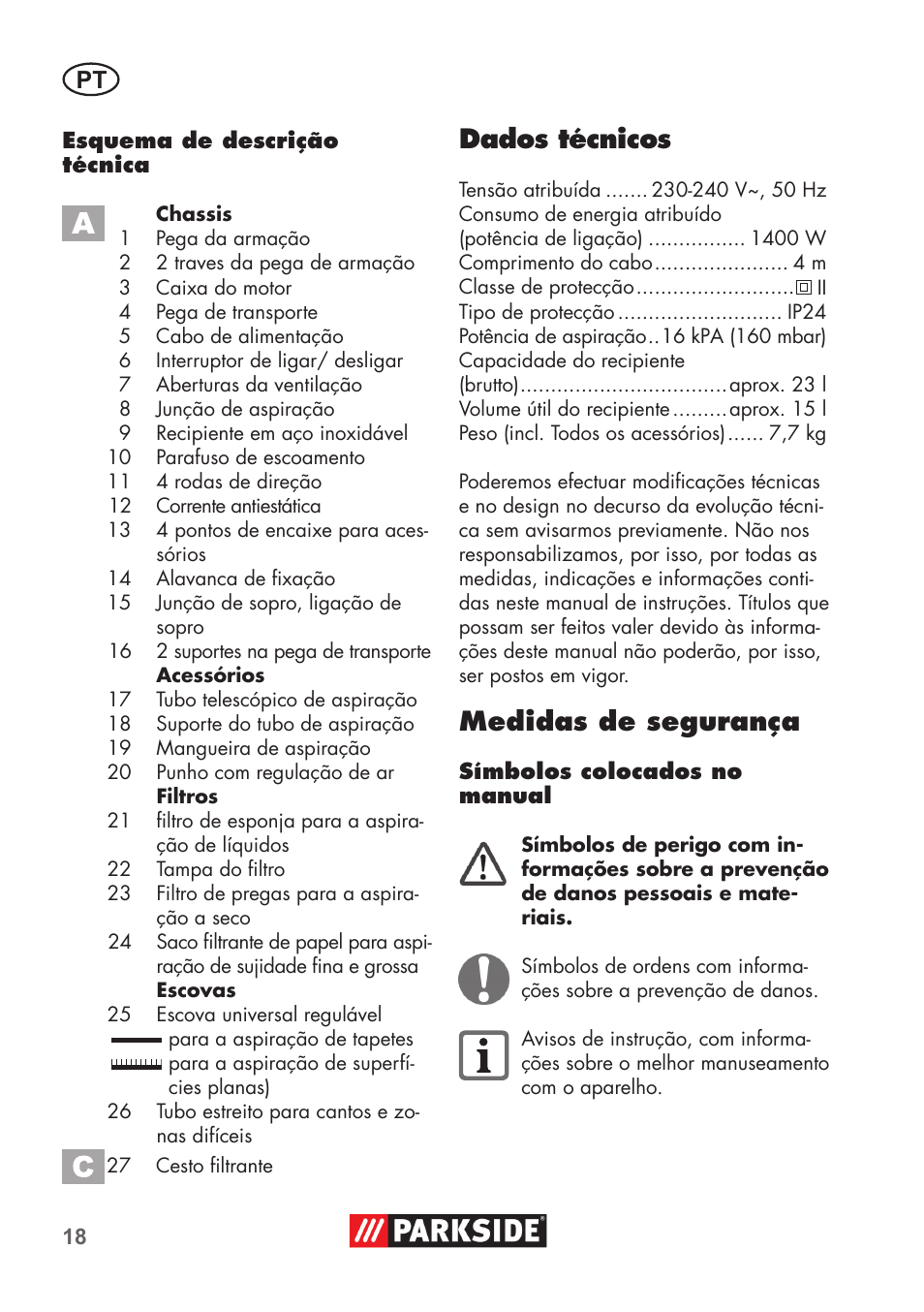 Dados técnicos, Medidas de segurança | Parkside PNTS 1400 D1 User Manual | Page 18 / 56
