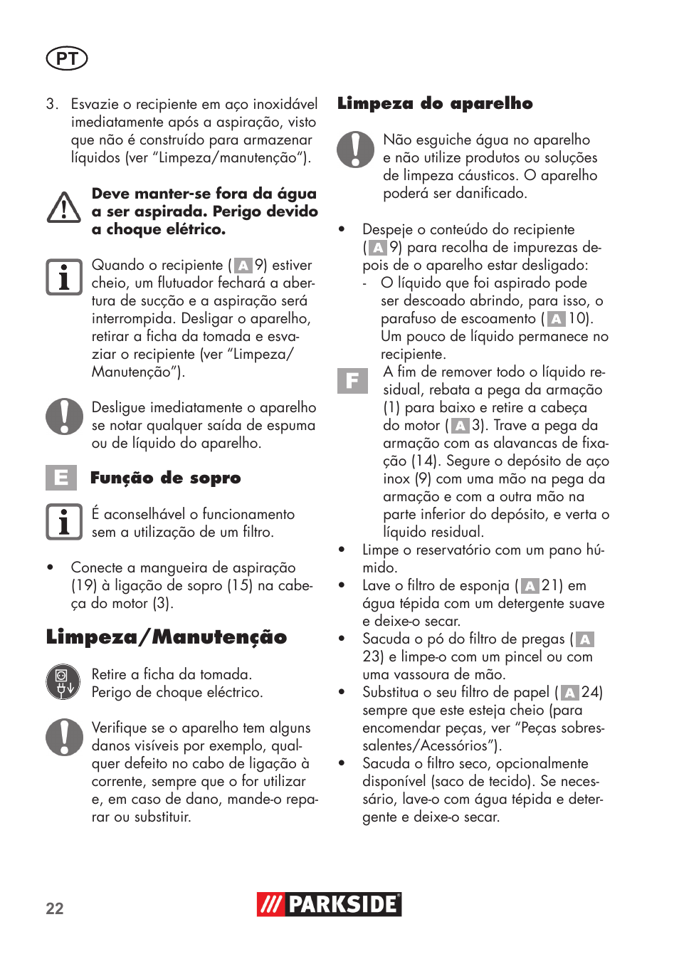 Limpeza/manutenção | Parkside PNTS 1400 D1 User Manual | Page 22 / 56