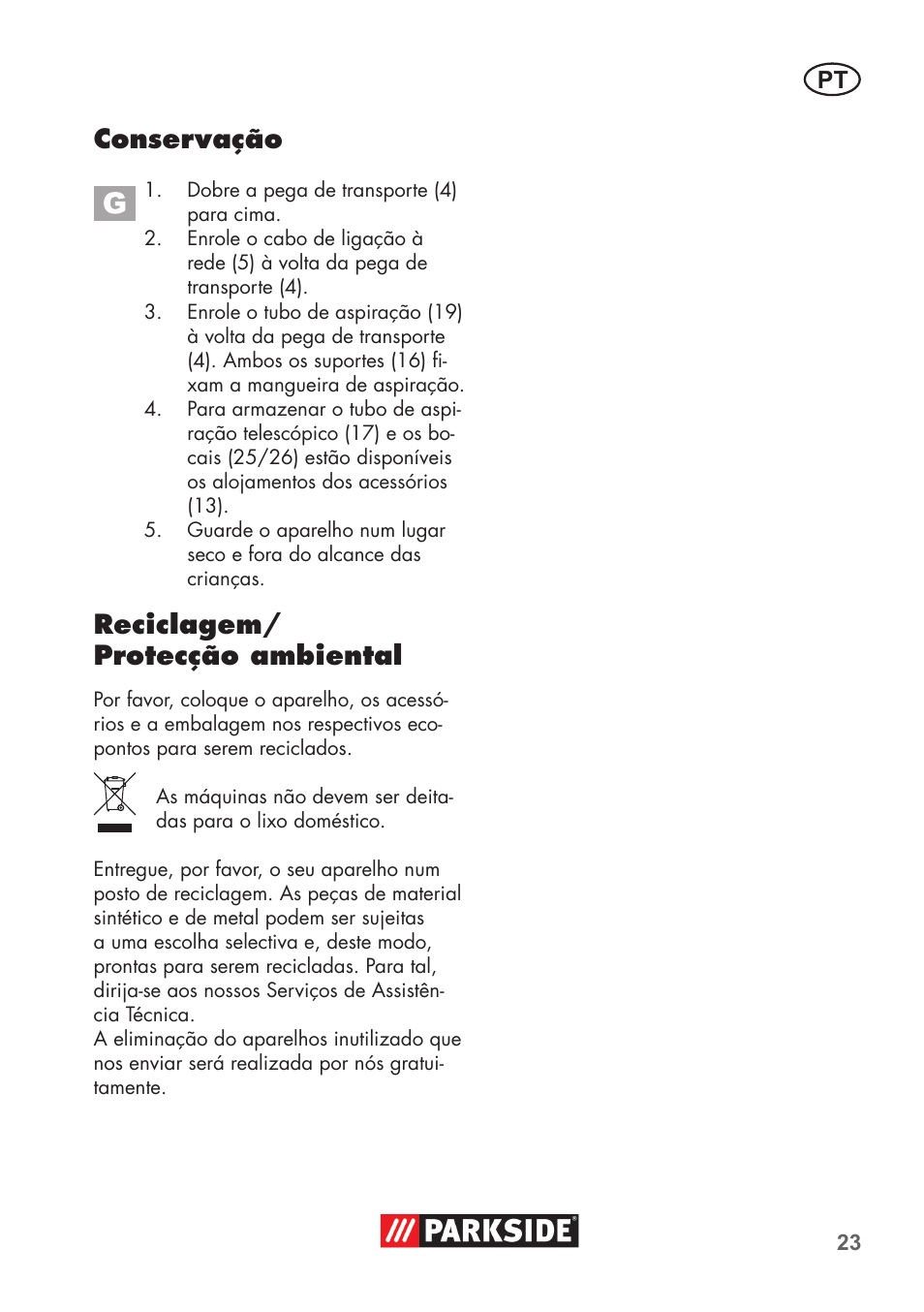 Conservação, Reciclagem/ protecção ambiental | Parkside PNTS 1400 D1 User Manual | Page 23 / 56