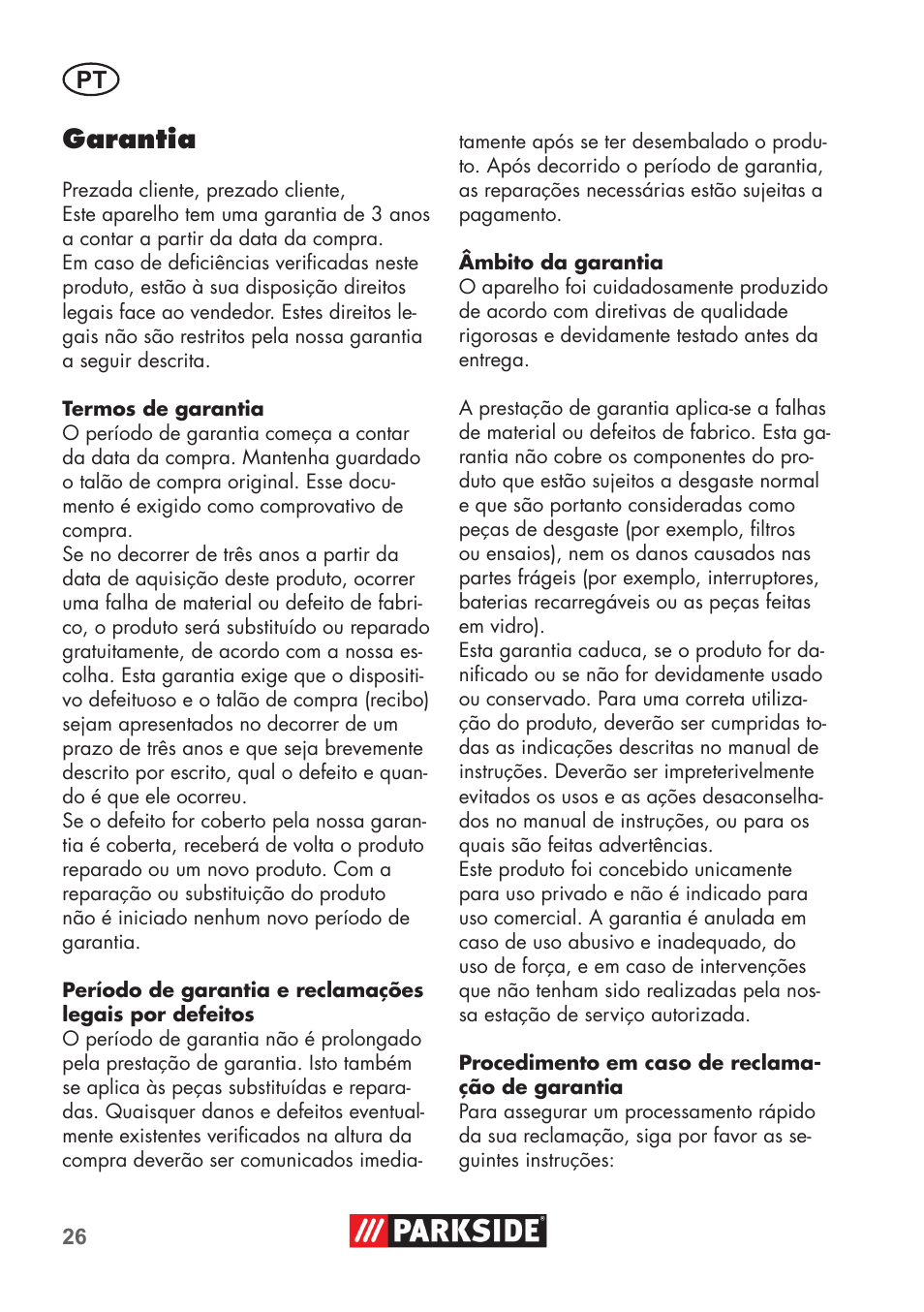 Garantia | Parkside PNTS 1400 D1 User Manual | Page 26 / 56