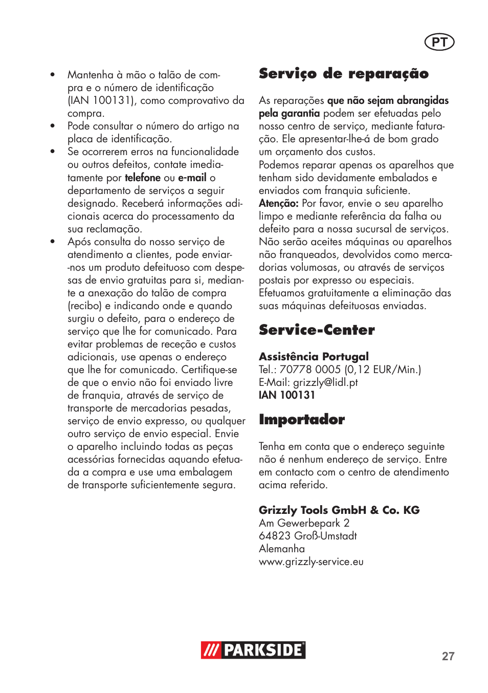 Serviço de reparação, Service-center, Importador | Parkside PNTS 1400 D1 User Manual | Page 27 / 56