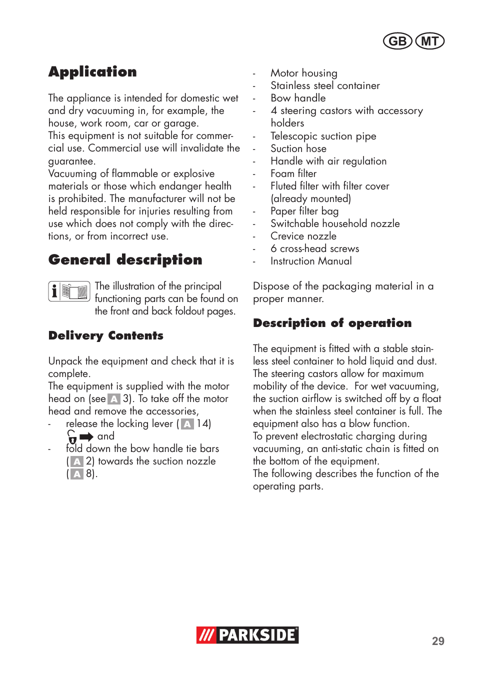 Application, General description, Mt gb | Parkside PNTS 1400 D1 User Manual | Page 29 / 56
