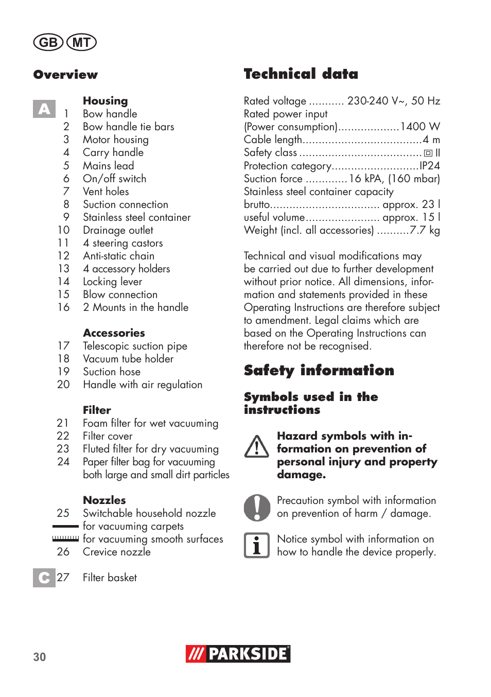 Technical data, Safety information, Gb mt | Parkside PNTS 1400 D1 User Manual | Page 30 / 56