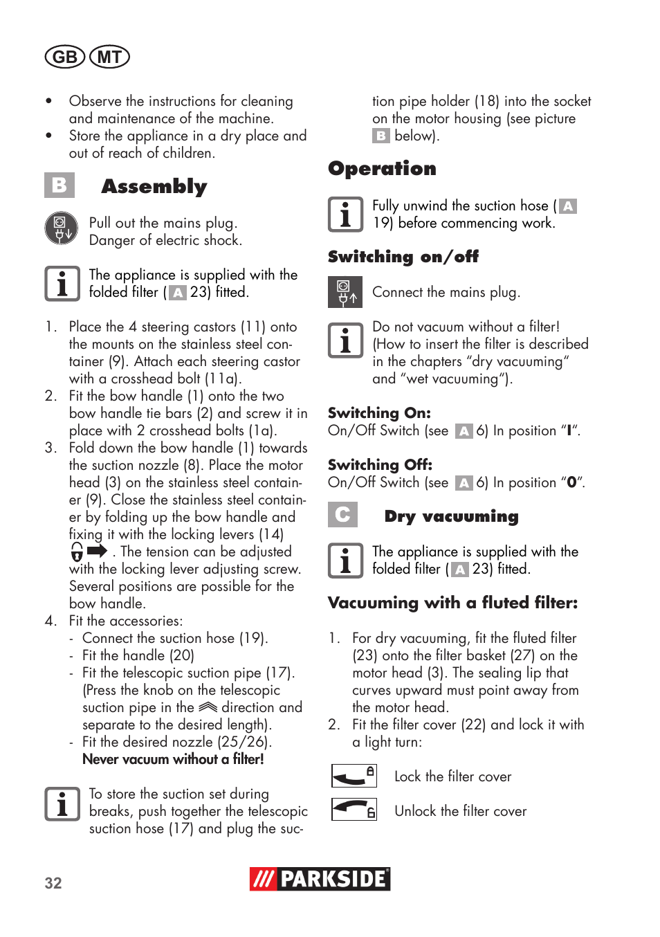 Assembly, Operation, Gb mt | Parkside PNTS 1400 D1 User Manual | Page 32 / 56