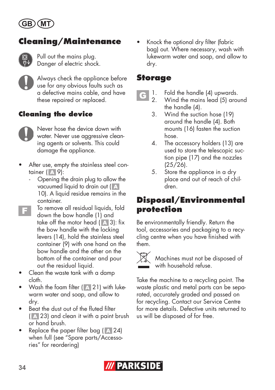 Cleaning/maintenance, Storage, Disposal/environmental protection | Gb mt | Parkside PNTS 1400 D1 User Manual | Page 34 / 56