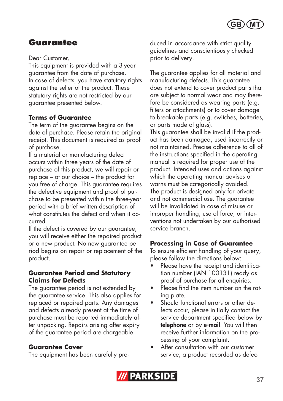 Guarantee, Mt gb | Parkside PNTS 1400 D1 User Manual | Page 37 / 56