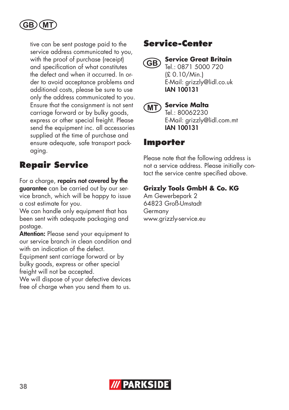 Repair service, Service-center, Importer | Parkside PNTS 1400 D1 User Manual | Page 38 / 56