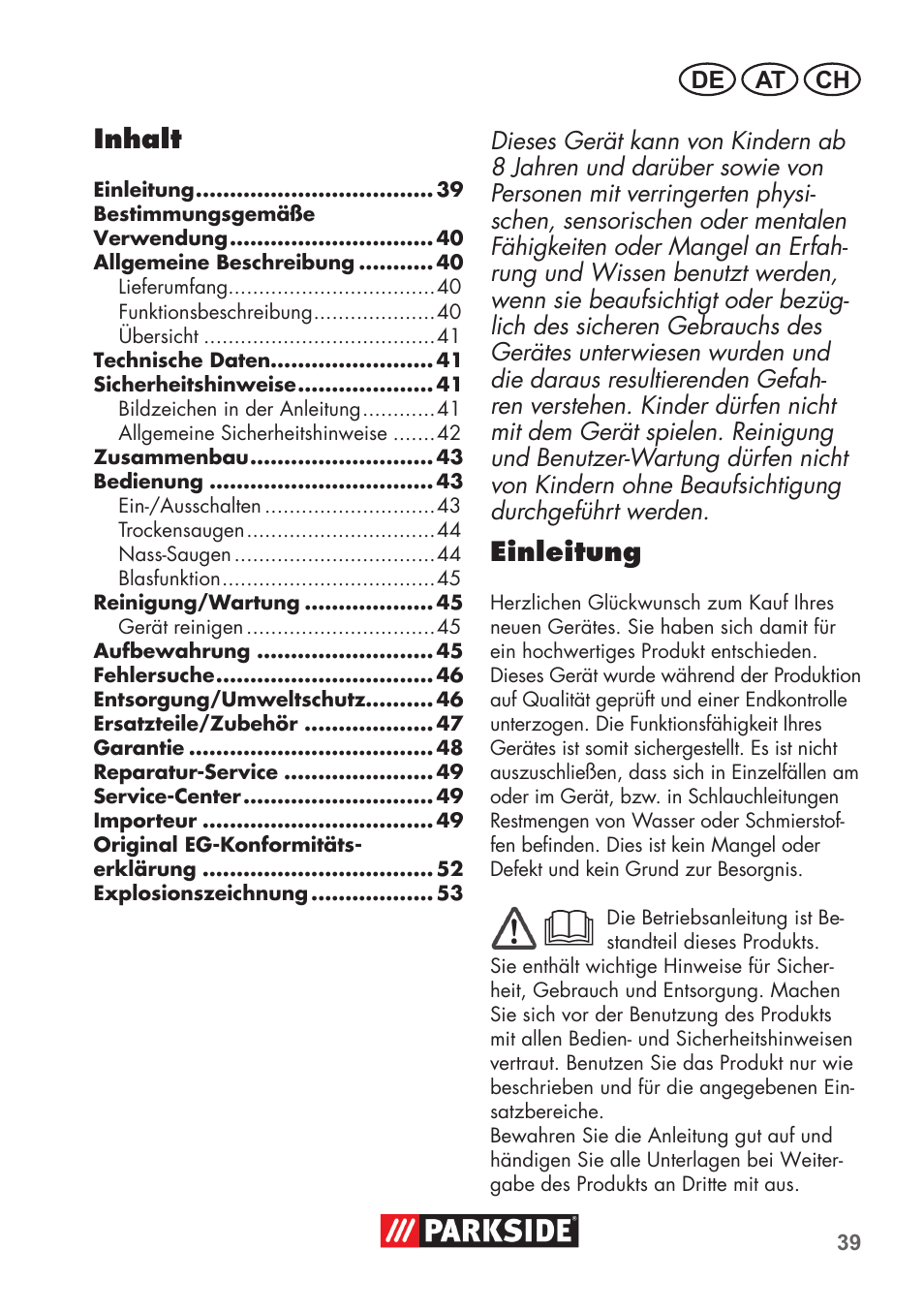 Inhalt, Einleitung | Parkside PNTS 1400 D1 User Manual | Page 39 / 56