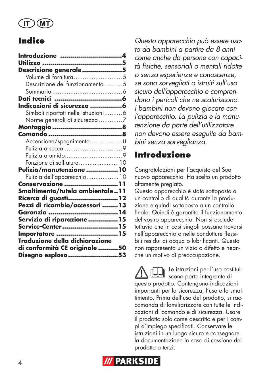 Indice, Introduzione | Parkside PNTS 1400 D1 User Manual | Page 4 / 56