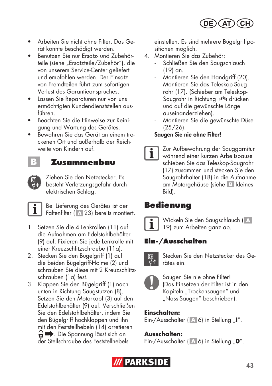 Zusammenbau, Bedienung, De at ch | Parkside PNTS 1400 D1 User Manual | Page 43 / 56