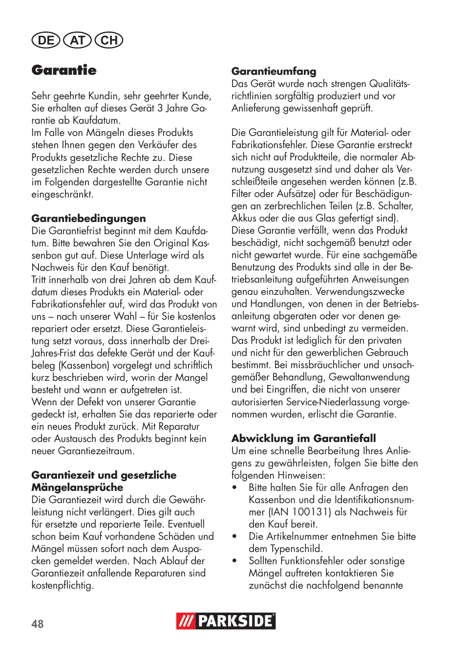 Garantie, De at ch | Parkside PNTS 1400 D1 User Manual | Page 48 / 56