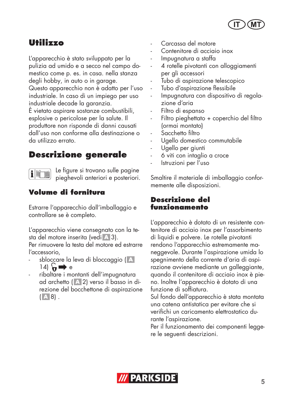 Utilizzo, Descrizione generale, It mt | Parkside PNTS 1400 D1 User Manual | Page 5 / 56