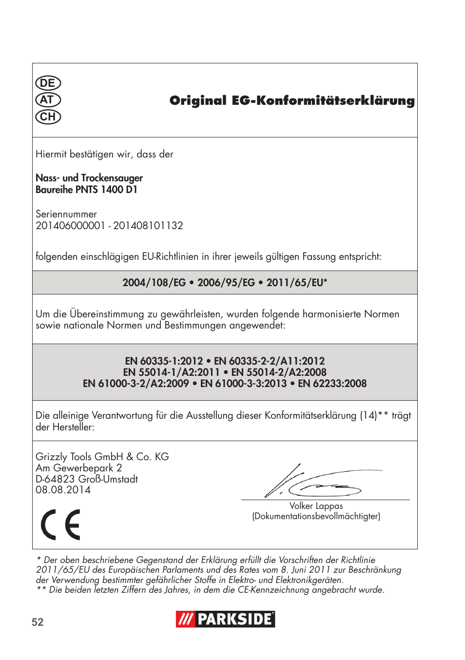 Original eg-konformitätserklärung | Parkside PNTS 1400 D1 User Manual | Page 52 / 56