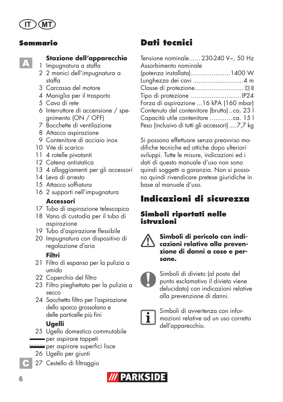 Dati tecnici, Indicazioni di sicurezza, It mt | Parkside PNTS 1400 D1 User Manual | Page 6 / 56