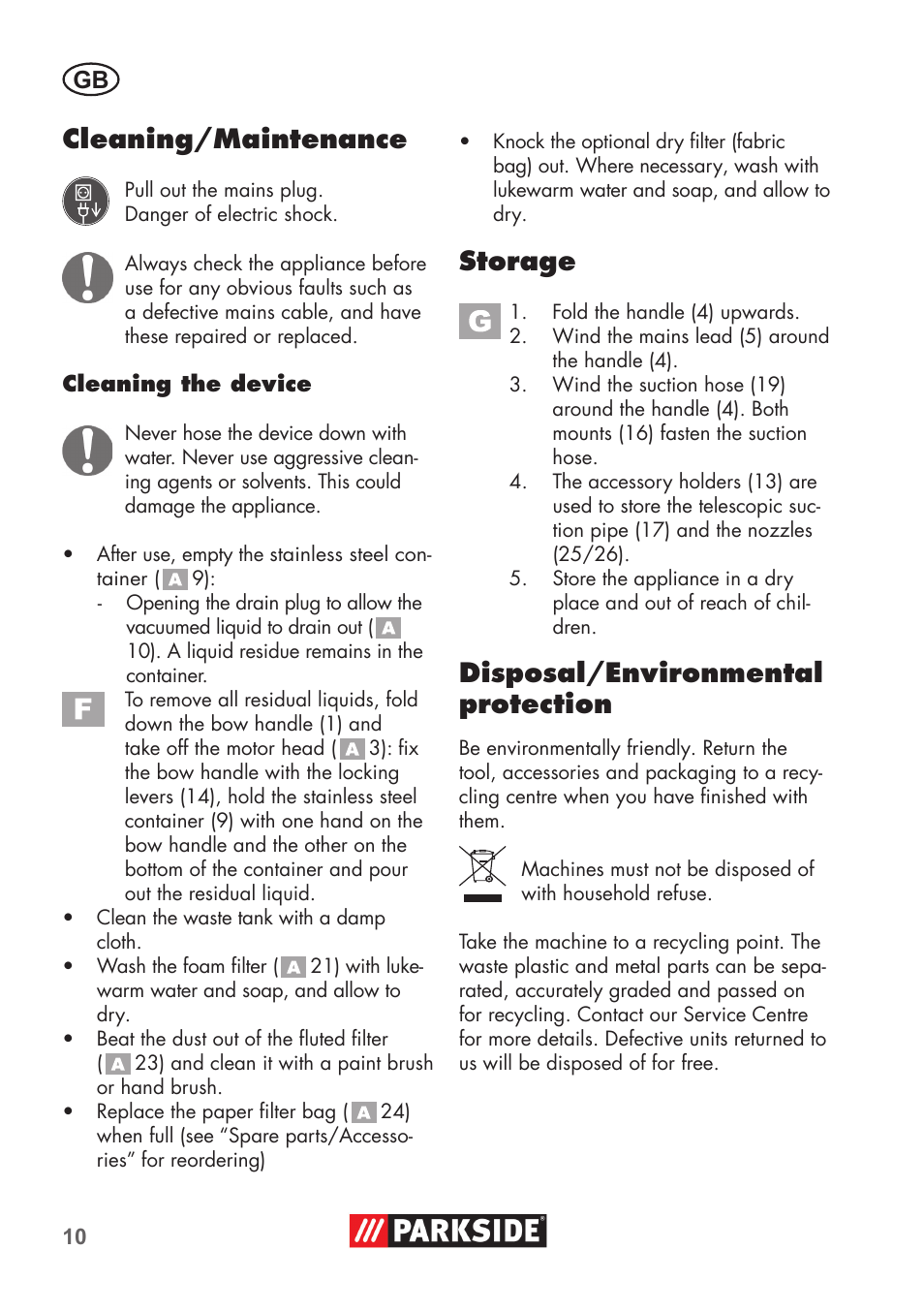 Cleaning/maintenance, Storage, Disposal/environmental protection | Parkside PNTS 1400 D1 User Manual | Page 10 / 88