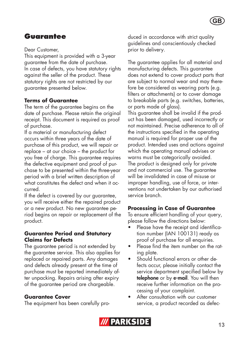 Guarantee | Parkside PNTS 1400 D1 User Manual | Page 13 / 88