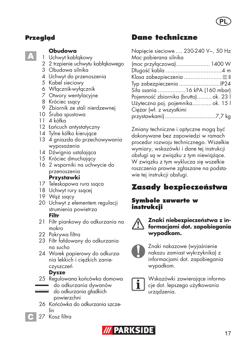 Dane techniczne, Zasady bezpieczeństwa | Parkside PNTS 1400 D1 User Manual | Page 17 / 88