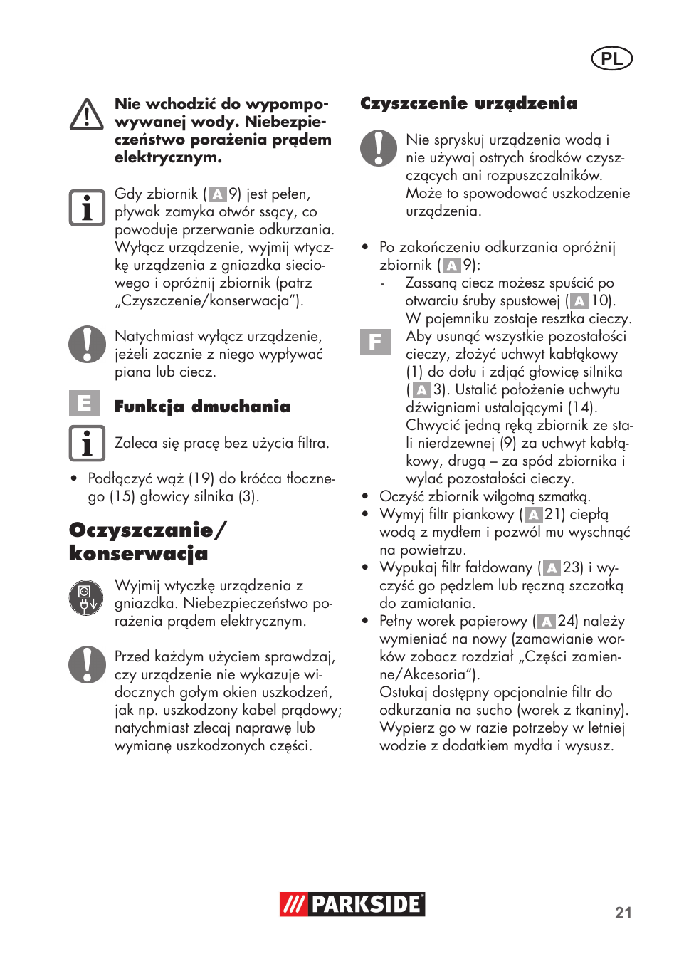 Oczyszczanie/ konserwacja | Parkside PNTS 1400 D1 User Manual | Page 21 / 88