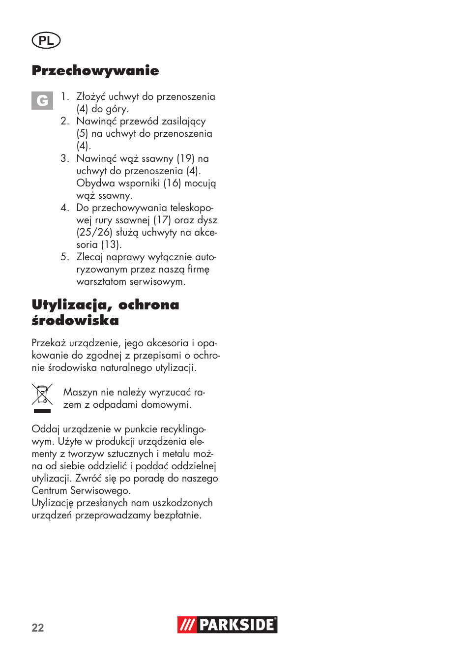 Przechowywanie, Utylizacja, ochrona środowiska | Parkside PNTS 1400 D1 User Manual | Page 22 / 88