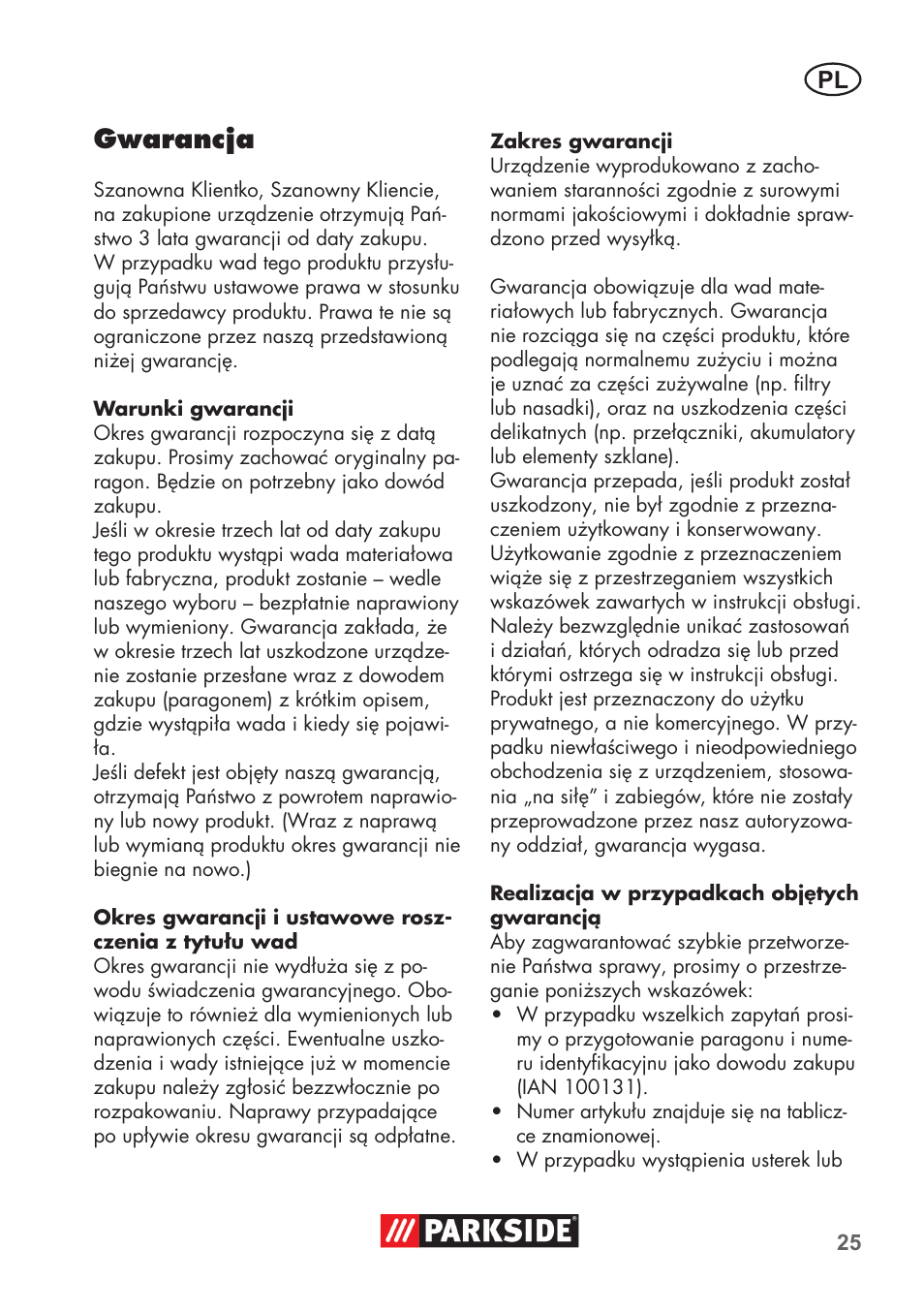 Gwarancja | Parkside PNTS 1400 D1 User Manual | Page 25 / 88