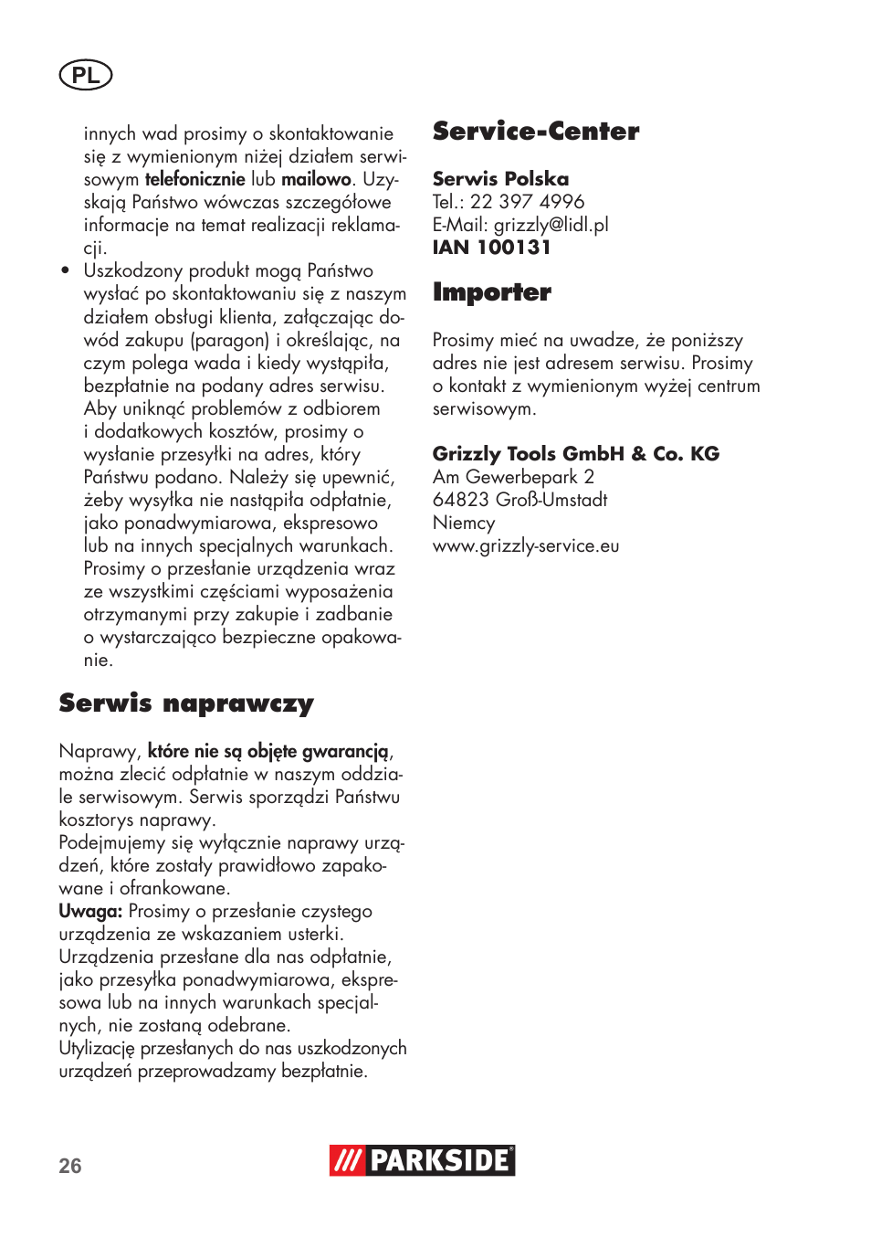 Serwis naprawczy, Service-center, Importer | Parkside PNTS 1400 D1 User Manual | Page 26 / 88