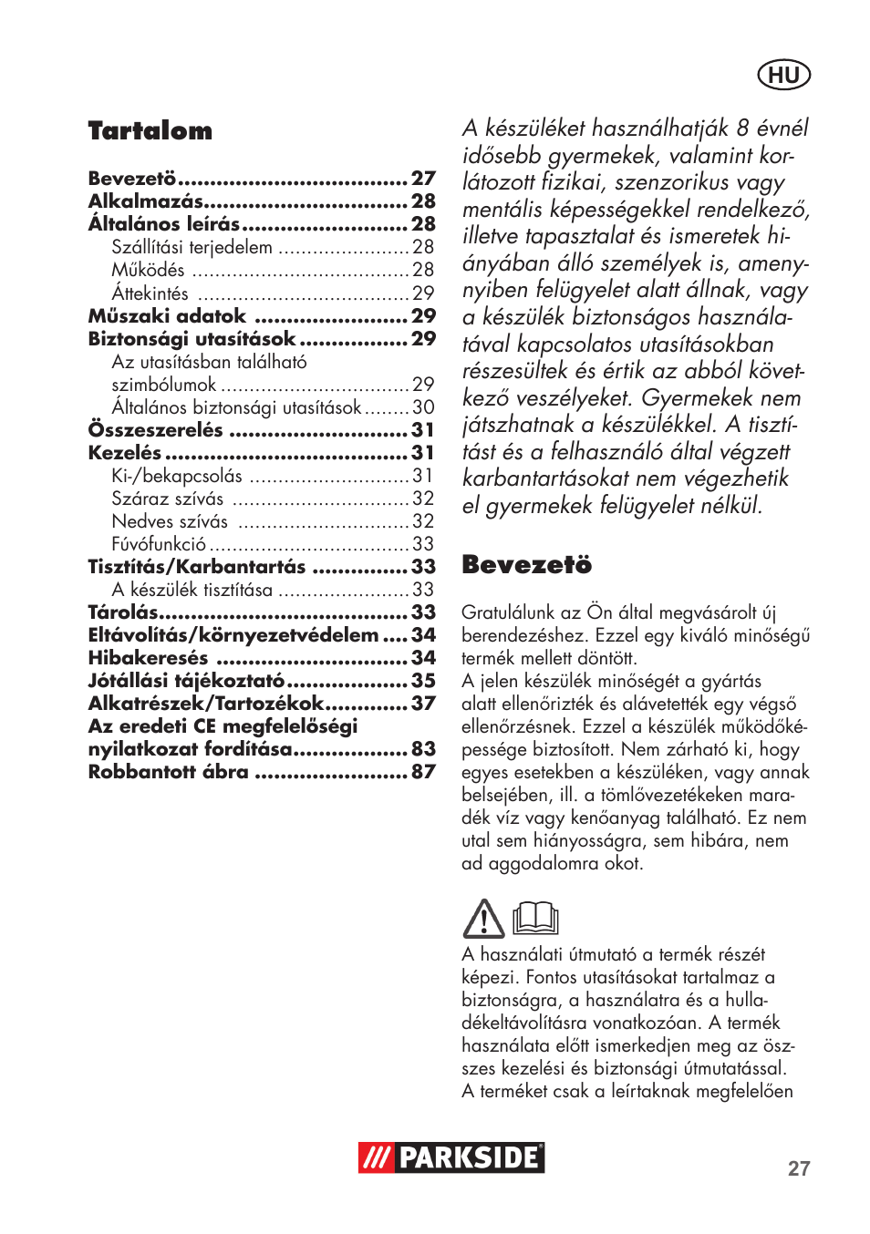 Tartalom, Bevezetö | Parkside PNTS 1400 D1 User Manual | Page 27 / 88