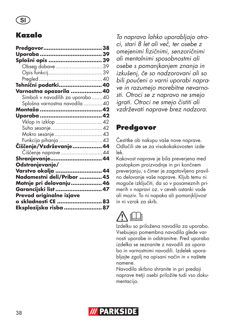 Kazalo, Predgovor | Parkside PNTS 1400 D1 User Manual | Page 38 / 88