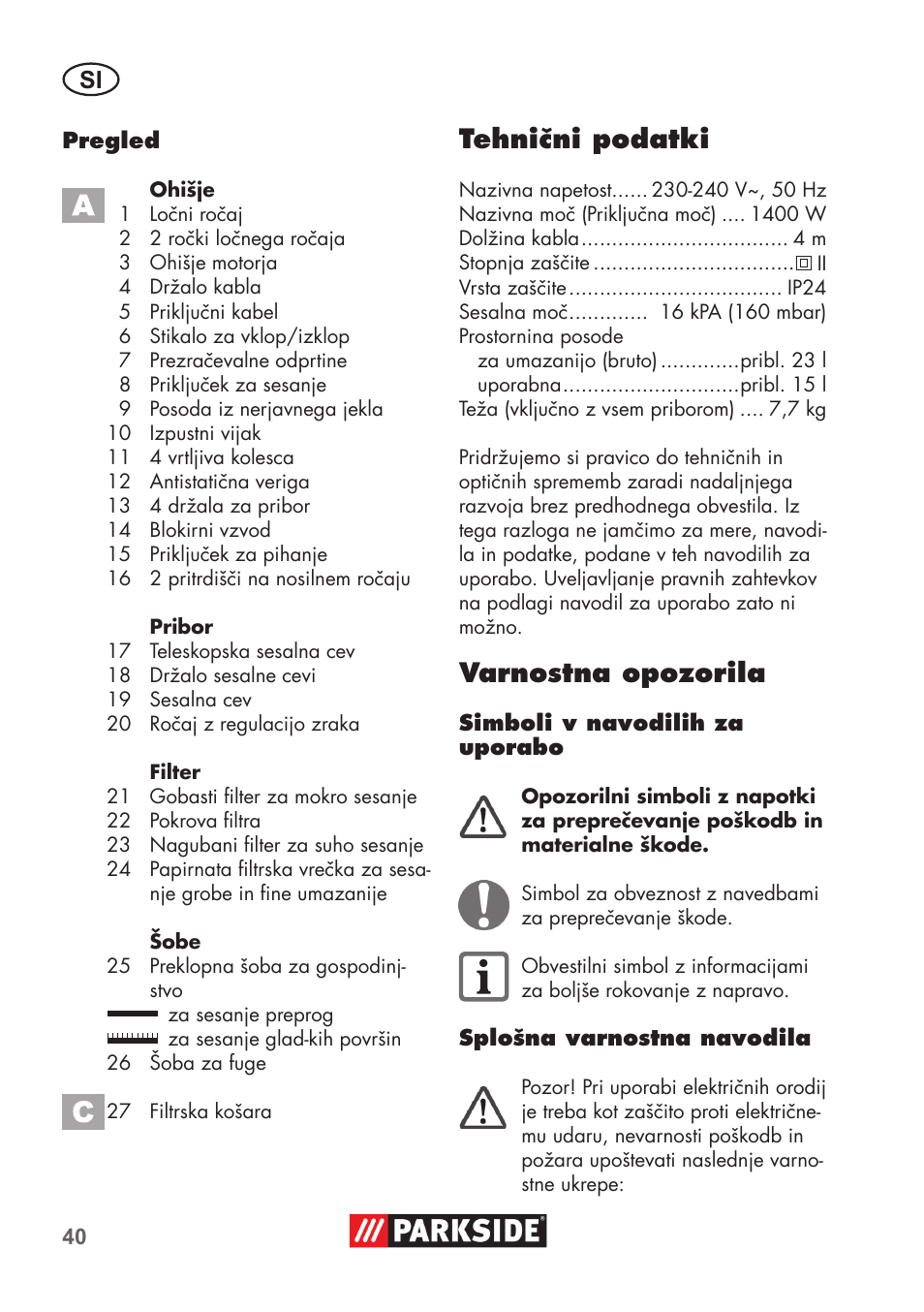 Tehnični podatki, Varnostna opozorila | Parkside PNTS 1400 D1 User Manual | Page 40 / 88