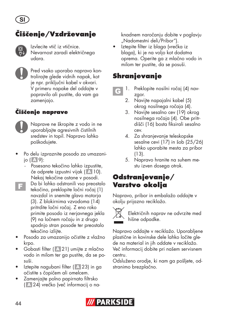 Čiščenje/vzdrževanje, Shranjevanje, Odstranjevanje/ varstvo okolja | Parkside PNTS 1400 D1 User Manual | Page 44 / 88