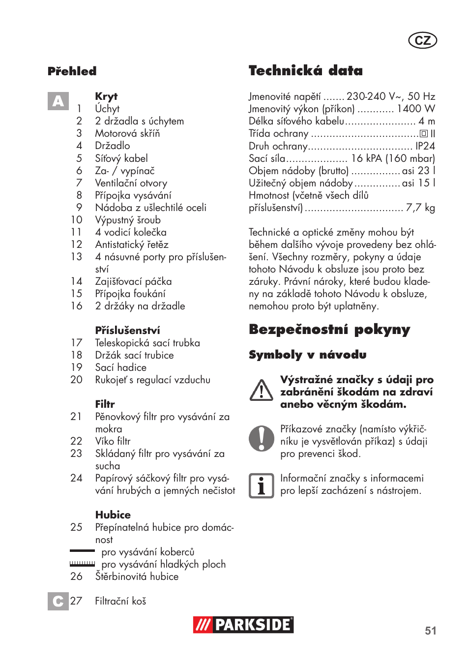 Technická data, Bezpečnostní pokyny | Parkside PNTS 1400 D1 User Manual | Page 51 / 88