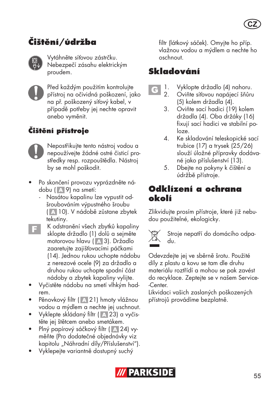 Čištění/údržba, Skladování, Odklízení a ochrana okolí | Parkside PNTS 1400 D1 User Manual | Page 55 / 88