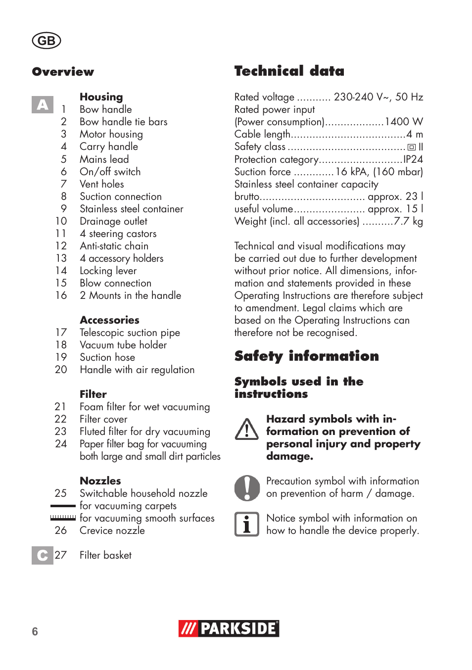 Technical data, Safety information | Parkside PNTS 1400 D1 User Manual | Page 6 / 88