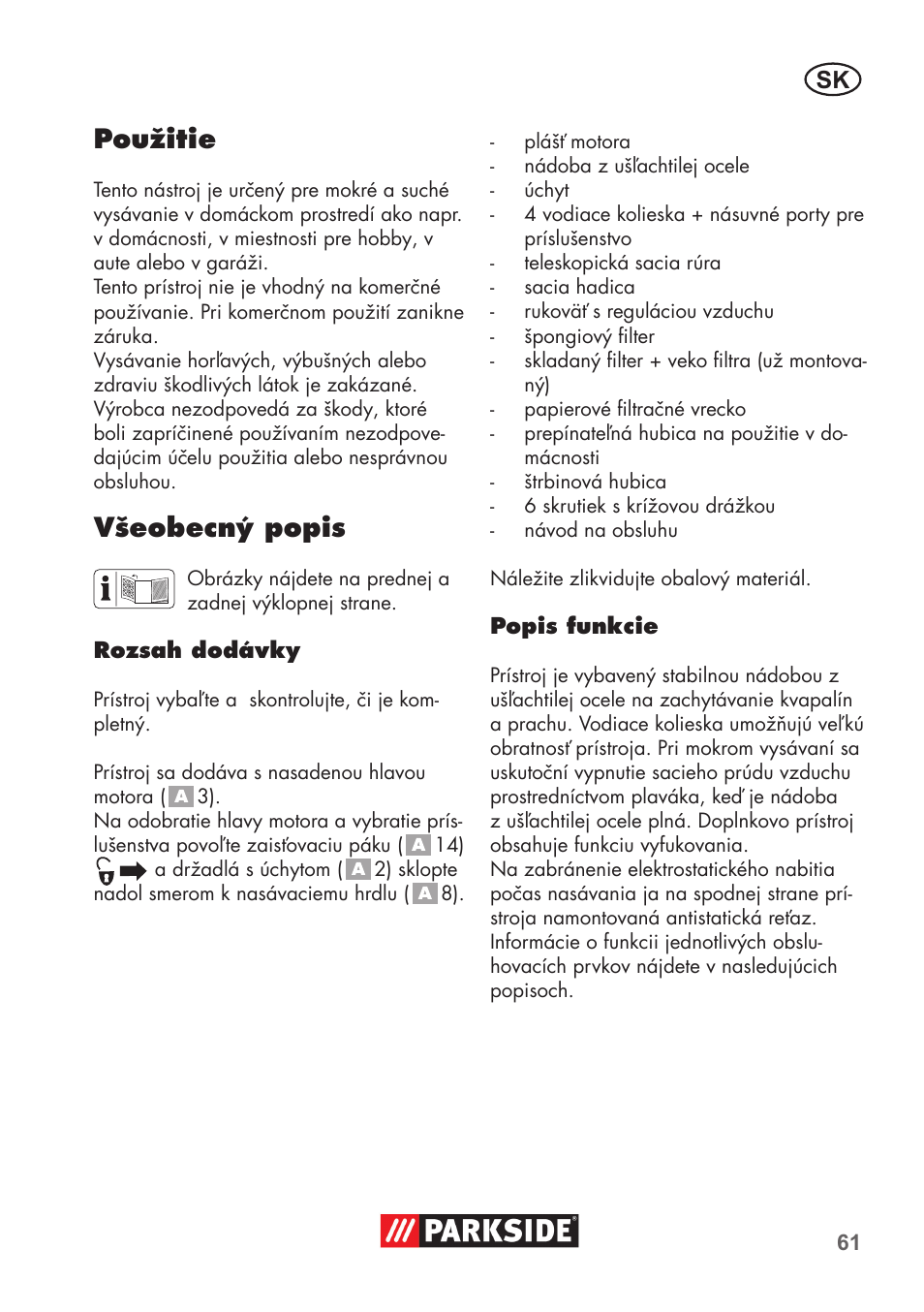 Použitie, Všeobecný popis | Parkside PNTS 1400 D1 User Manual | Page 61 / 88