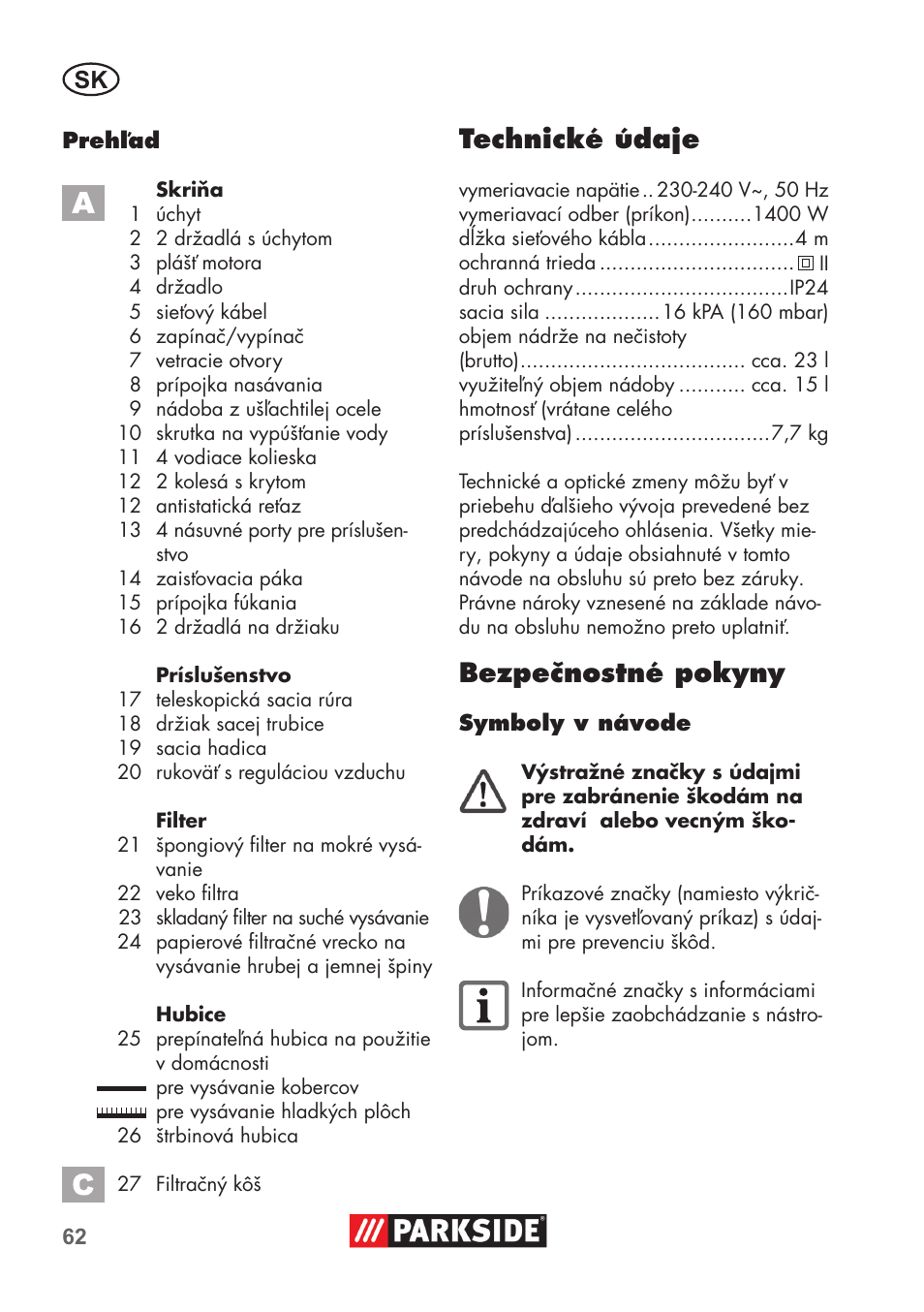 Technické údaje, Bezpečnostné pokyny | Parkside PNTS 1400 D1 User Manual | Page 62 / 88