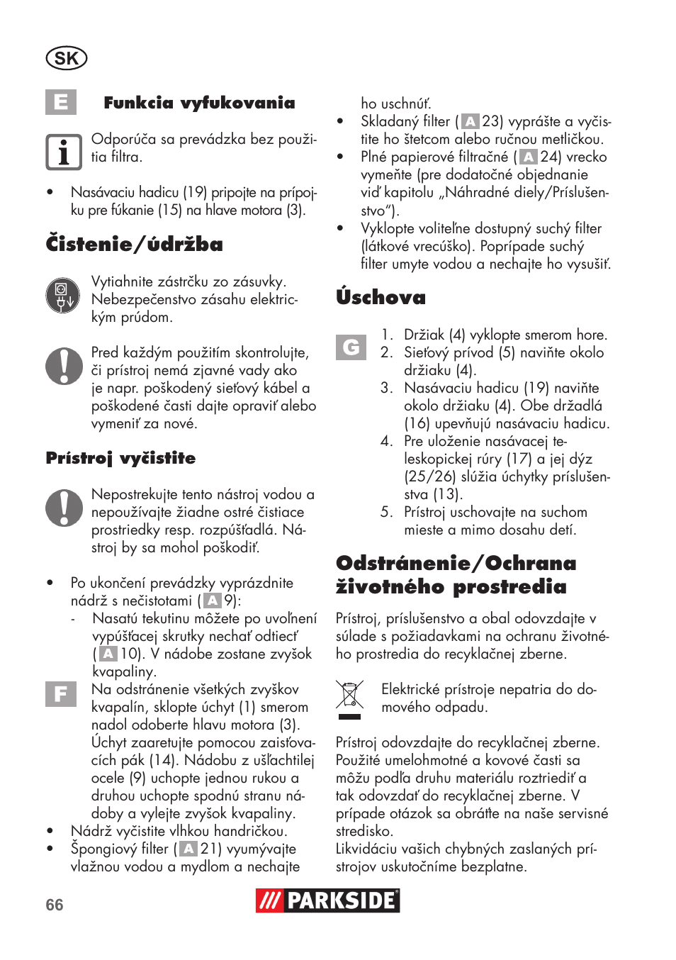 Čistenie/údržba, Úschova, Odstránenie/ochrana životného prostredia | Parkside PNTS 1400 D1 User Manual | Page 66 / 88