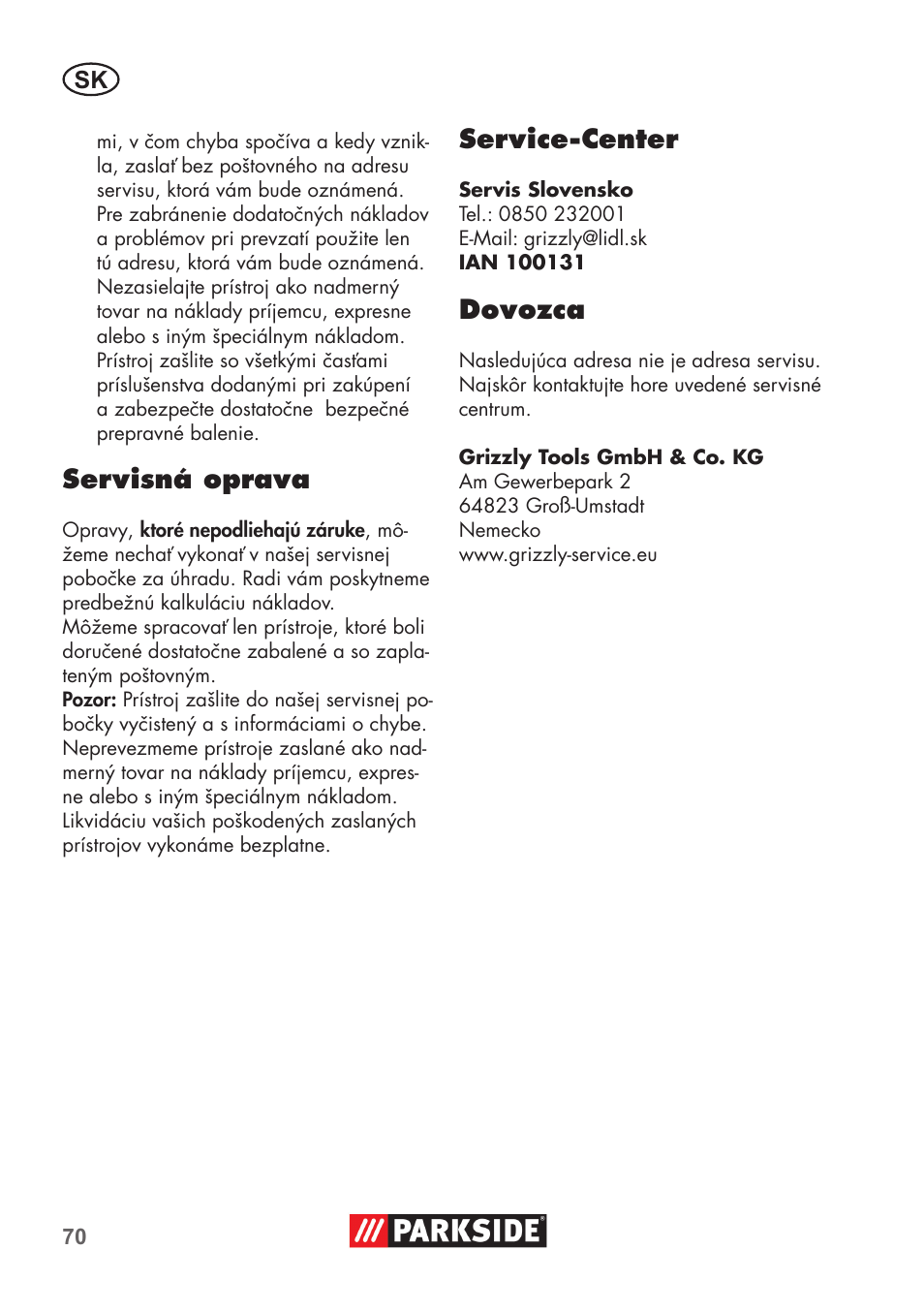 Servisná oprava, Service-center, Dovozca | Parkside PNTS 1400 D1 User Manual | Page 70 / 88