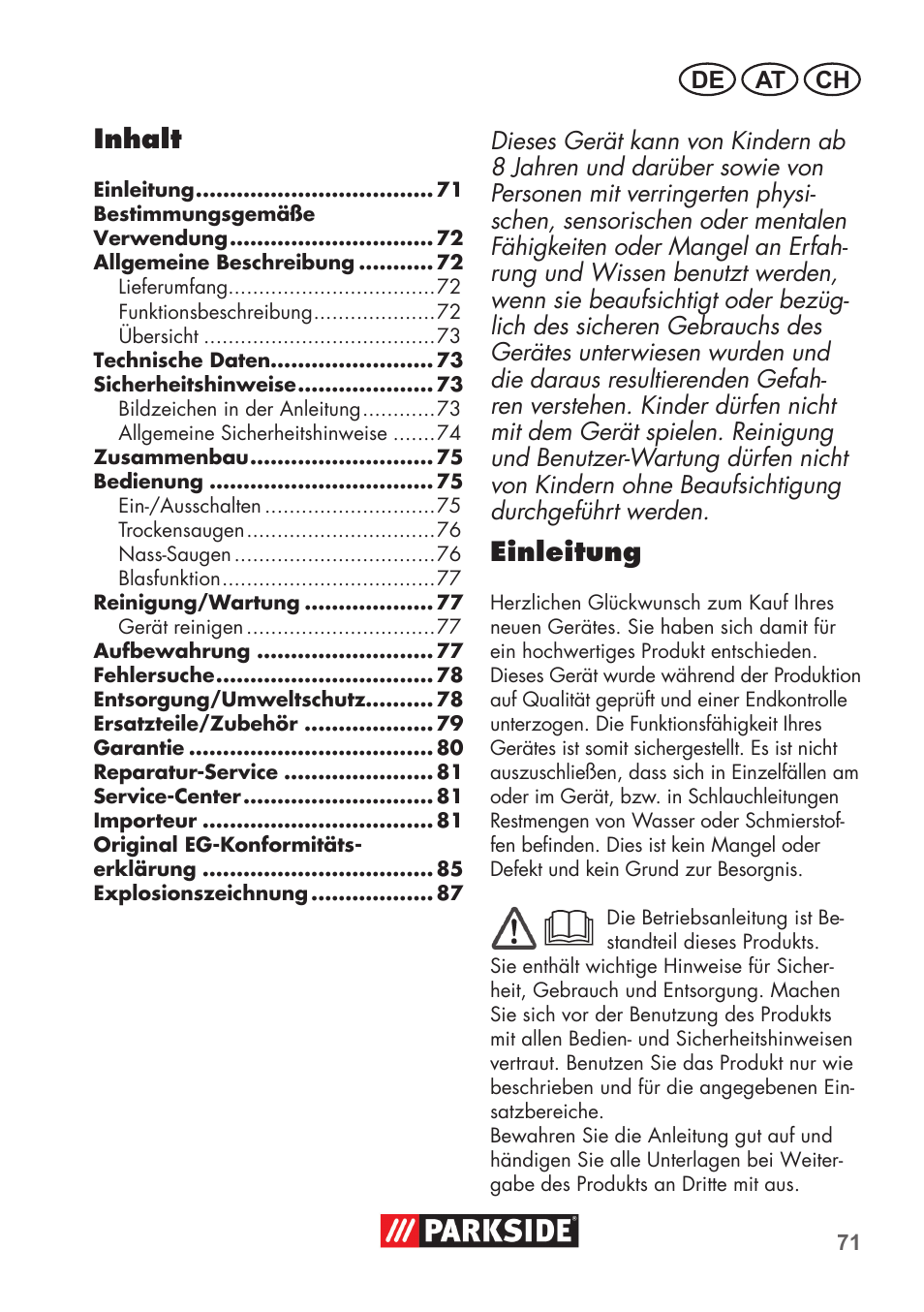 Inhalt, Einleitung | Parkside PNTS 1400 D1 User Manual | Page 71 / 88