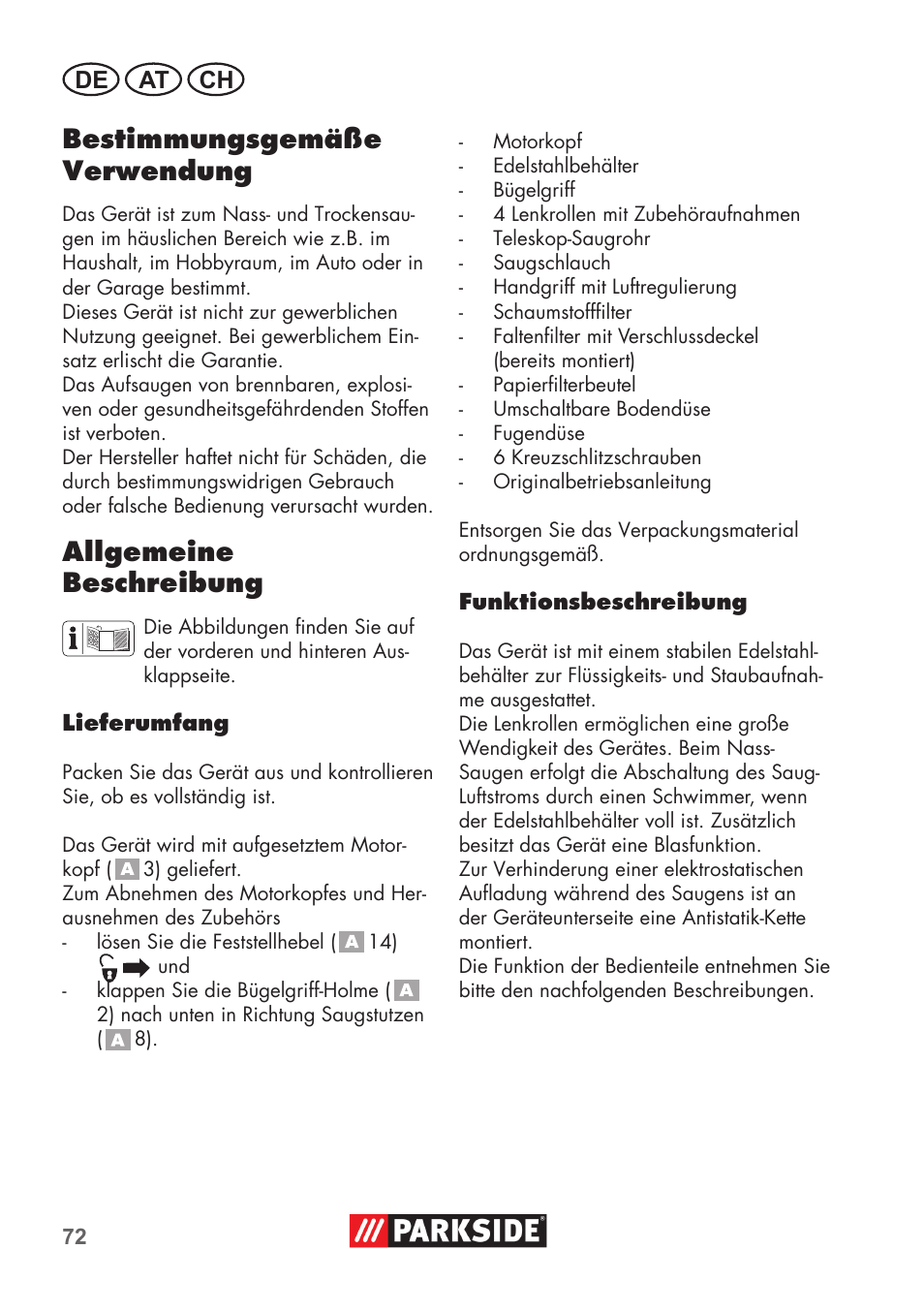 Bestimmungsgemäße verwendung, Allgemeine beschreibung, De at ch | Parkside PNTS 1400 D1 User Manual | Page 72 / 88
