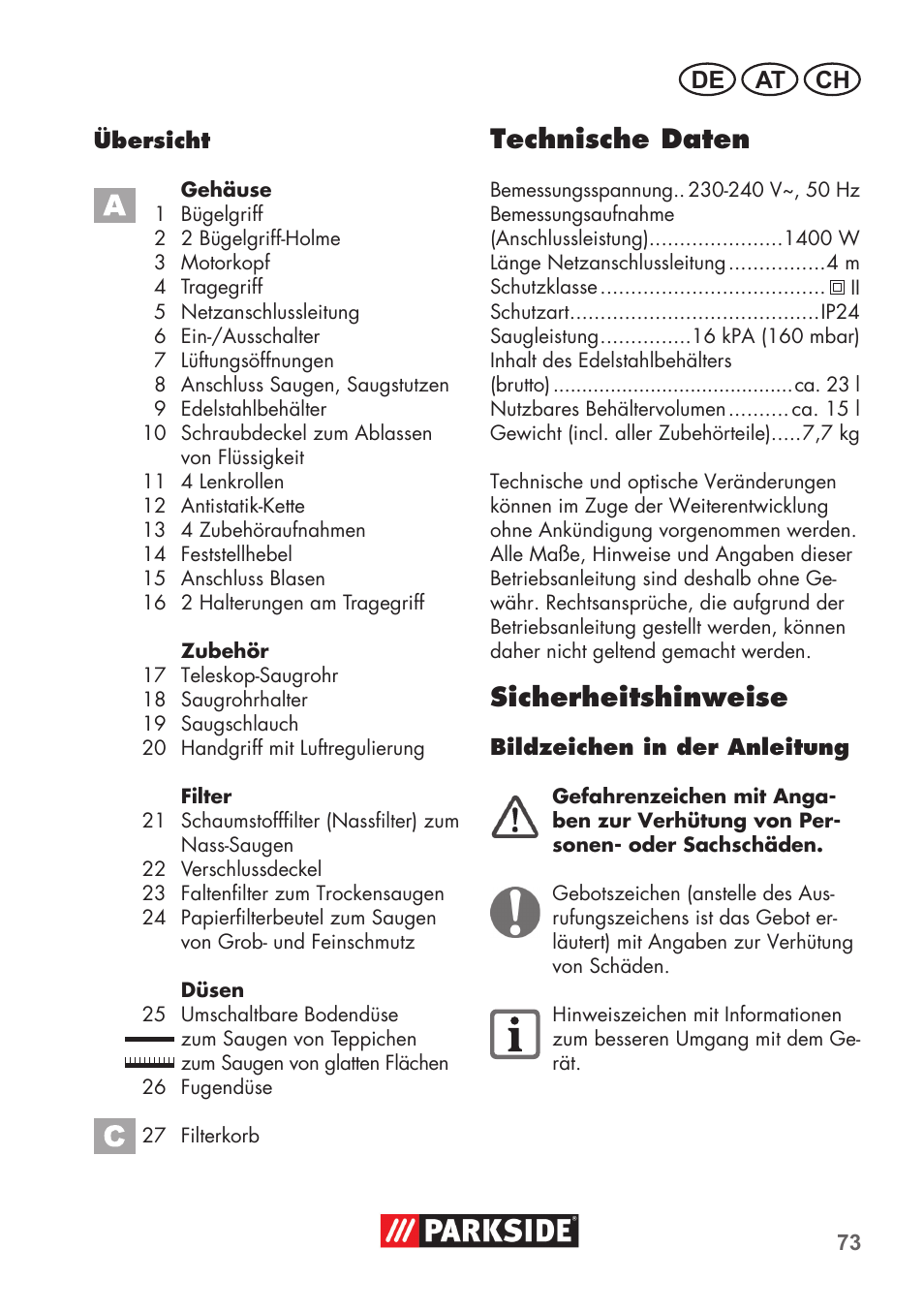 Technische daten, Sicherheitshinweise, De at ch | Parkside PNTS 1400 D1 User Manual | Page 73 / 88