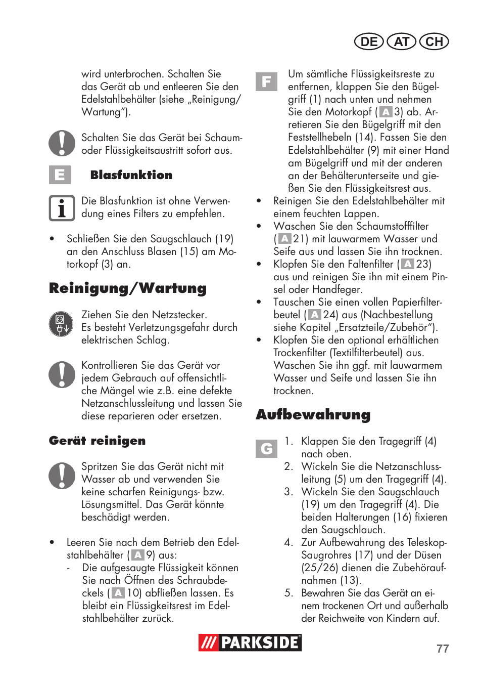 Reinigung/wartung, Aufbewahrung, De at ch | Parkside PNTS 1400 D1 User Manual | Page 77 / 88