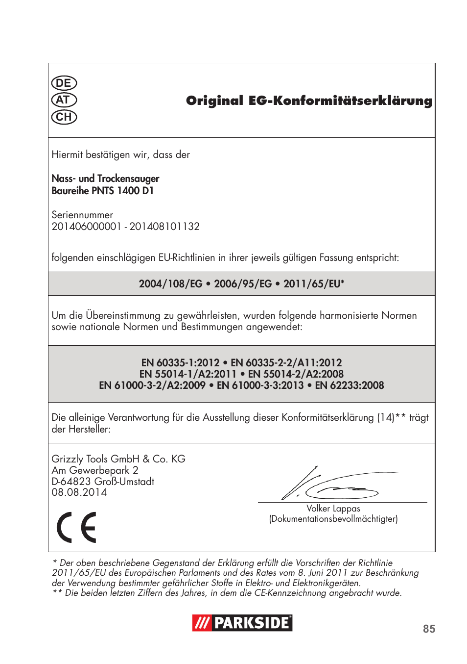 Original eg-konformitätserklärung | Parkside PNTS 1400 D1 User Manual | Page 85 / 88