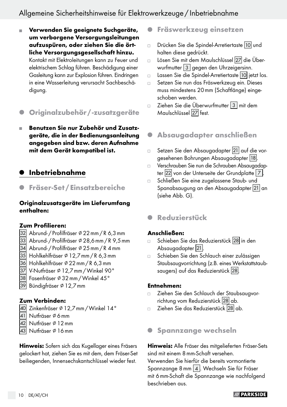 Originalzubehör / -zusatzgeräte, Inbetriebnahme fräser-set / einsatzbereiche, Fräswerkzeug einsetzen | Absaugadapter anschließen, Reduzierstück, Spannzange wechseln | Parkside POF 1200 A1 User Manual | Page 10 / 46