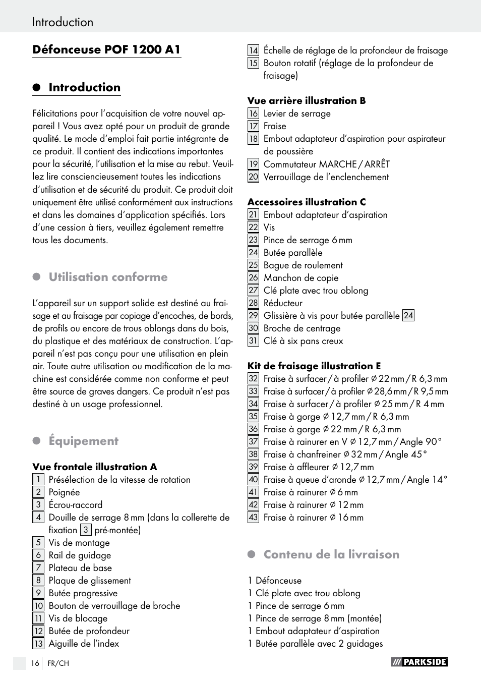 Utilisation conforme, Équipement, Contenu de la livraison | Parkside POF 1200 A1 User Manual | Page 16 / 46