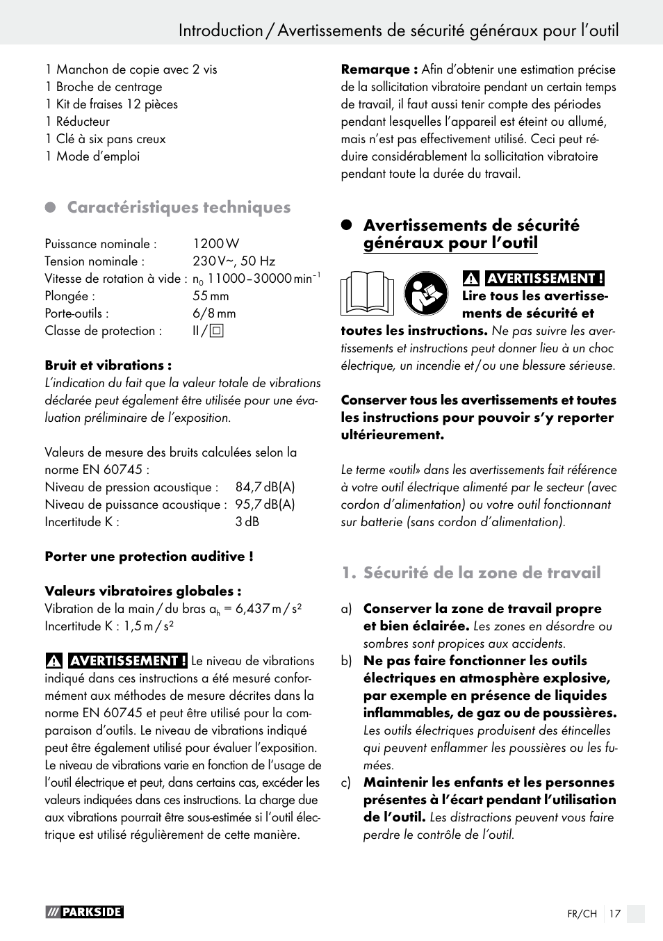 Caractéristiques techniques, Avertissements de sécurité généraux pour l’outil, Sécurité de la zone de travail | Parkside POF 1200 A1 User Manual | Page 17 / 46