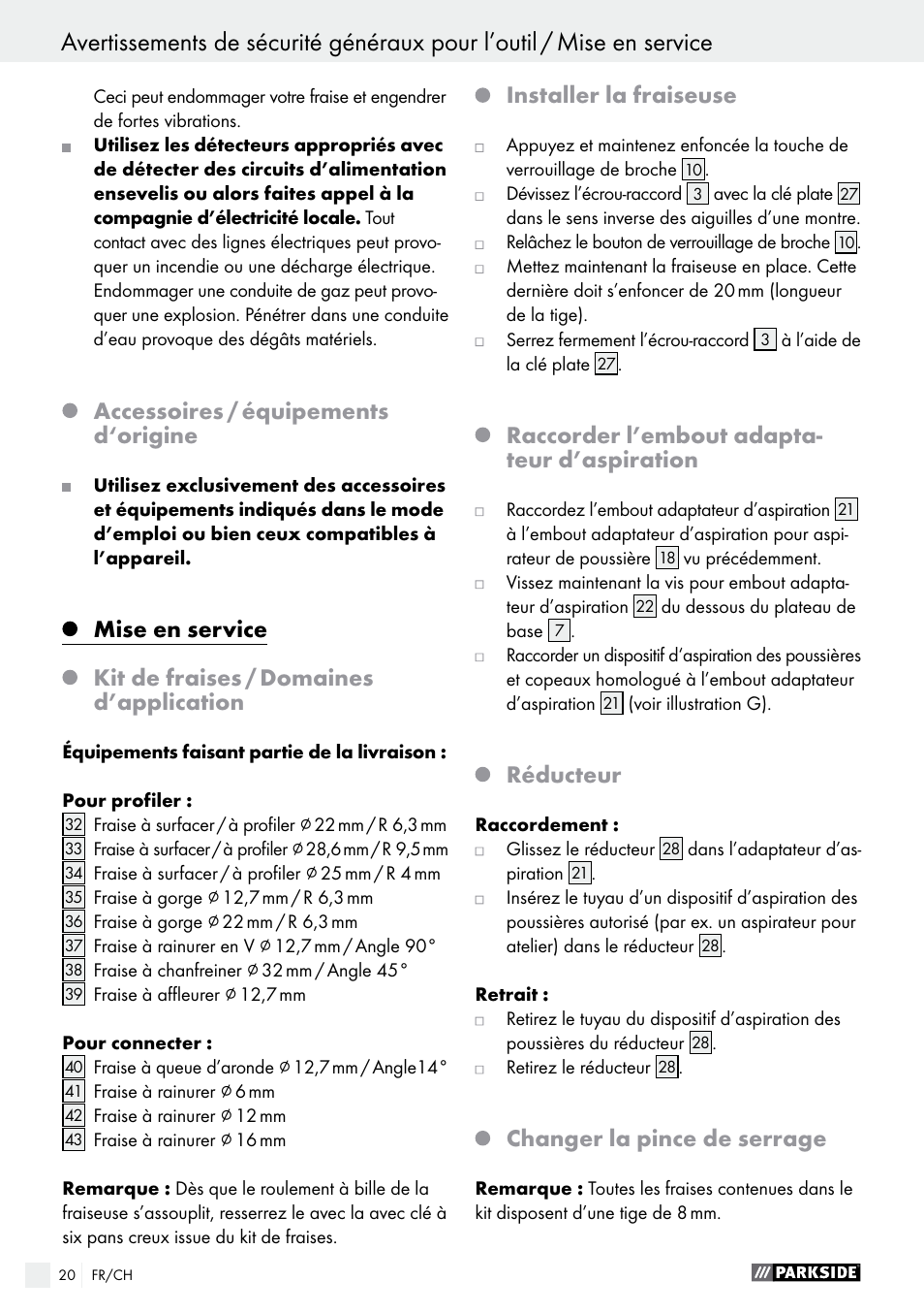 Accessoires / équipements d‘origine, Installer la fraiseuse, Raccorder l’embout adapta- teur d’aspiration | Réducteur, Changer la pince de serrage | Parkside POF 1200 A1 User Manual | Page 20 / 46