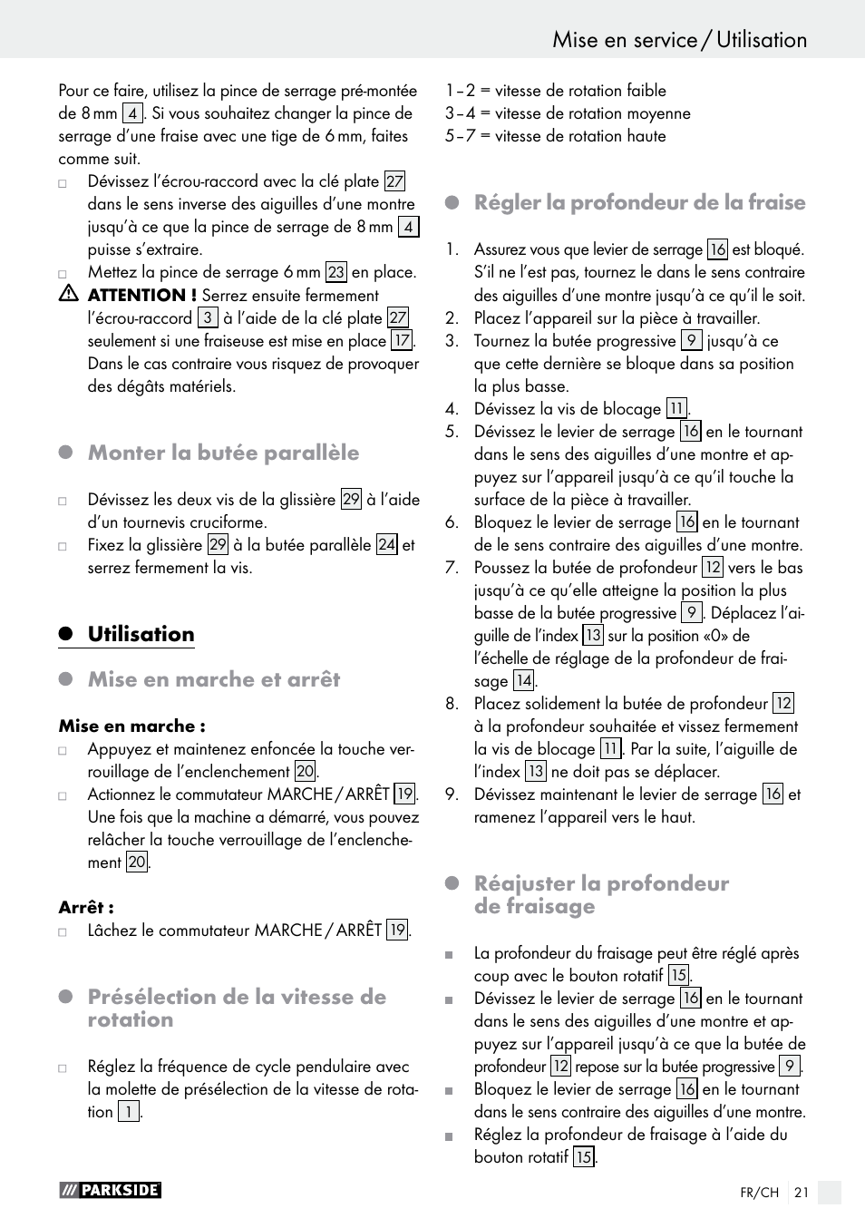 Monter la butée parallèle, Utilisation mise en marche et arrêt, Présélection de la vitesse de rotation | Régler la profondeur de la fraise, Réajuster la profondeur de fraisage | Parkside POF 1200 A1 User Manual | Page 21 / 46