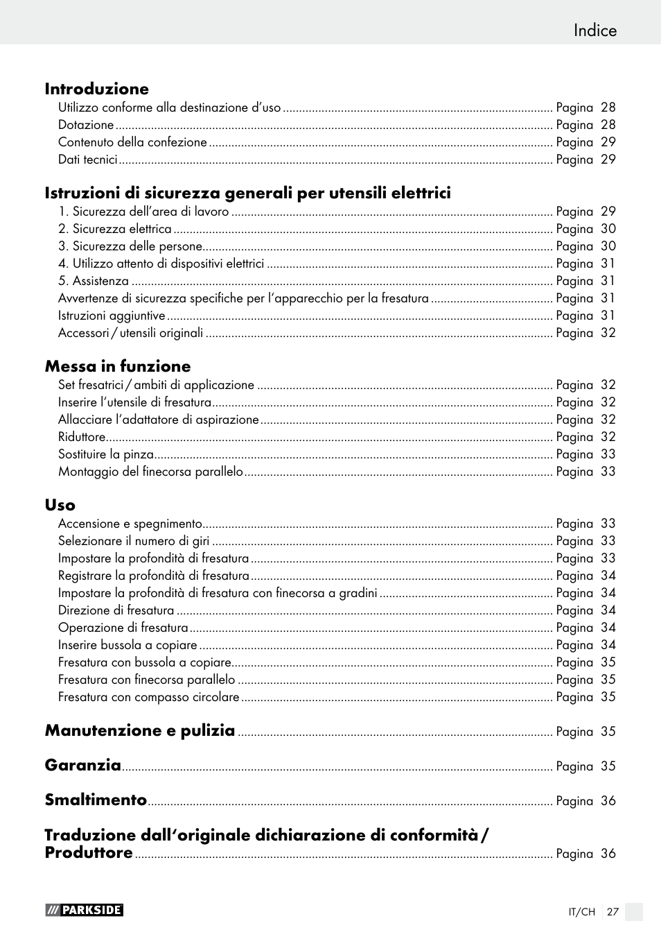 Indice | Parkside POF 1200 A1 User Manual | Page 27 / 46