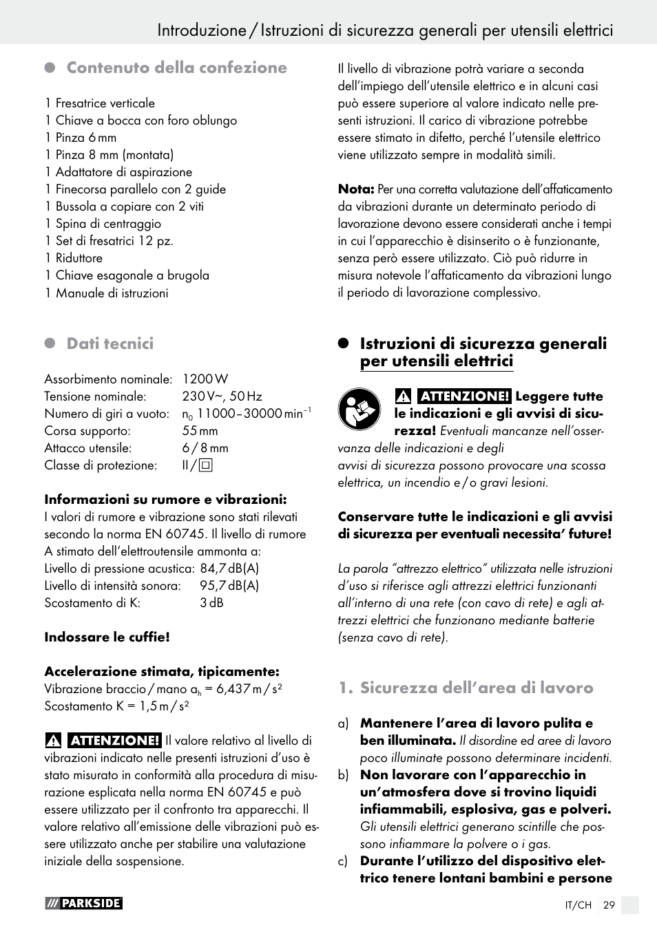 Contenuto della confezione, Dati tecnici, Sicurezza dell’area di lavoro | Parkside POF 1200 A1 User Manual | Page 29 / 46